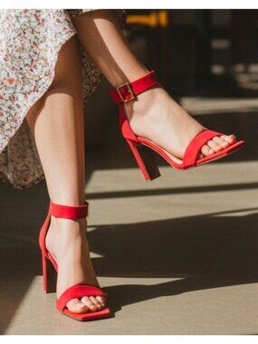 Red Open-Toe Block Heel Sandals With Adjustable Ankle Strap Womens Bella Marie E